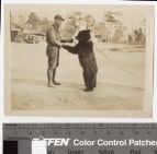 Unidentified man feeding tethered bear